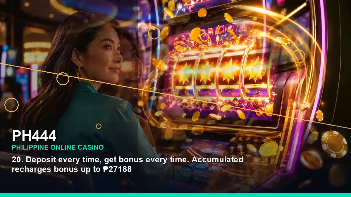 PH444 gold jackpot slot games featuring an adult Filipina casino host with a left-diagonal composition