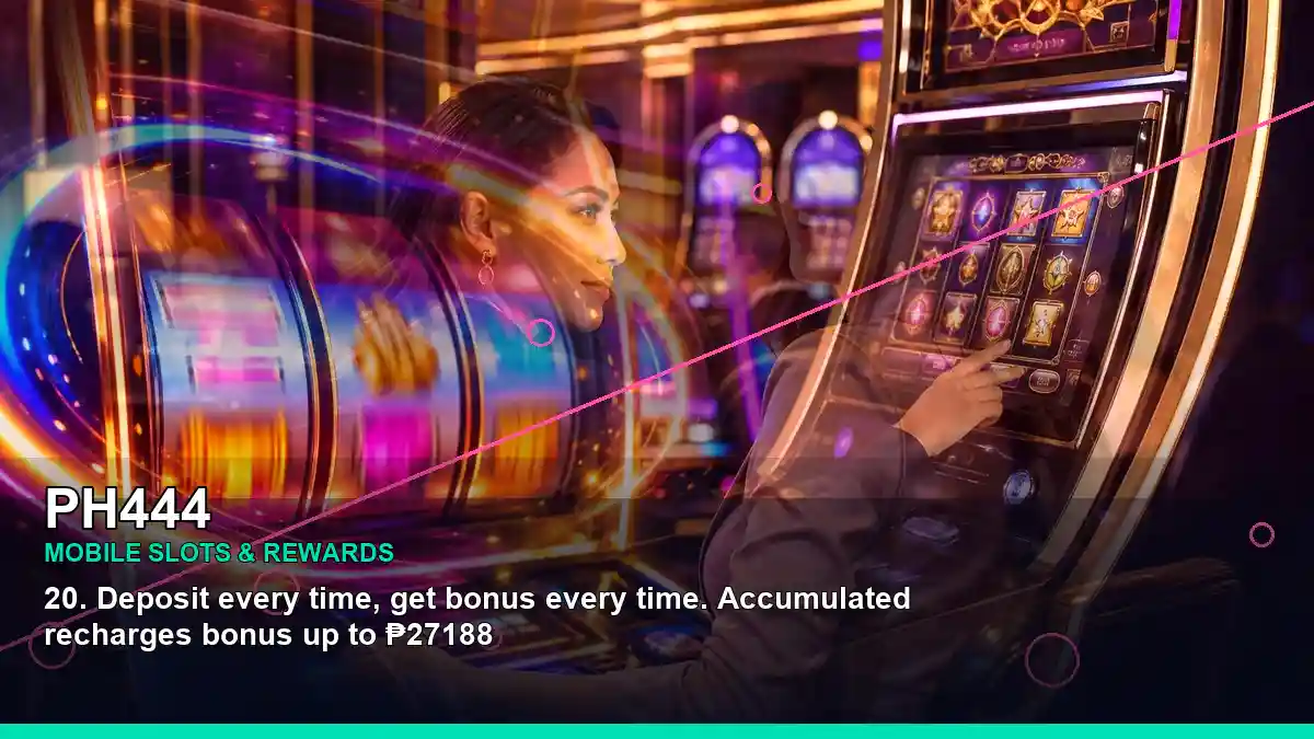 PH444 party online slot games featuring an adult Filipina casino host with a layered collage composition